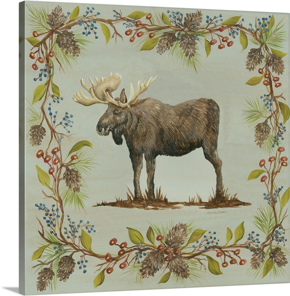 Square decorative painting of a moose on a blue-green background with a leafy frame with berries and pine cones.