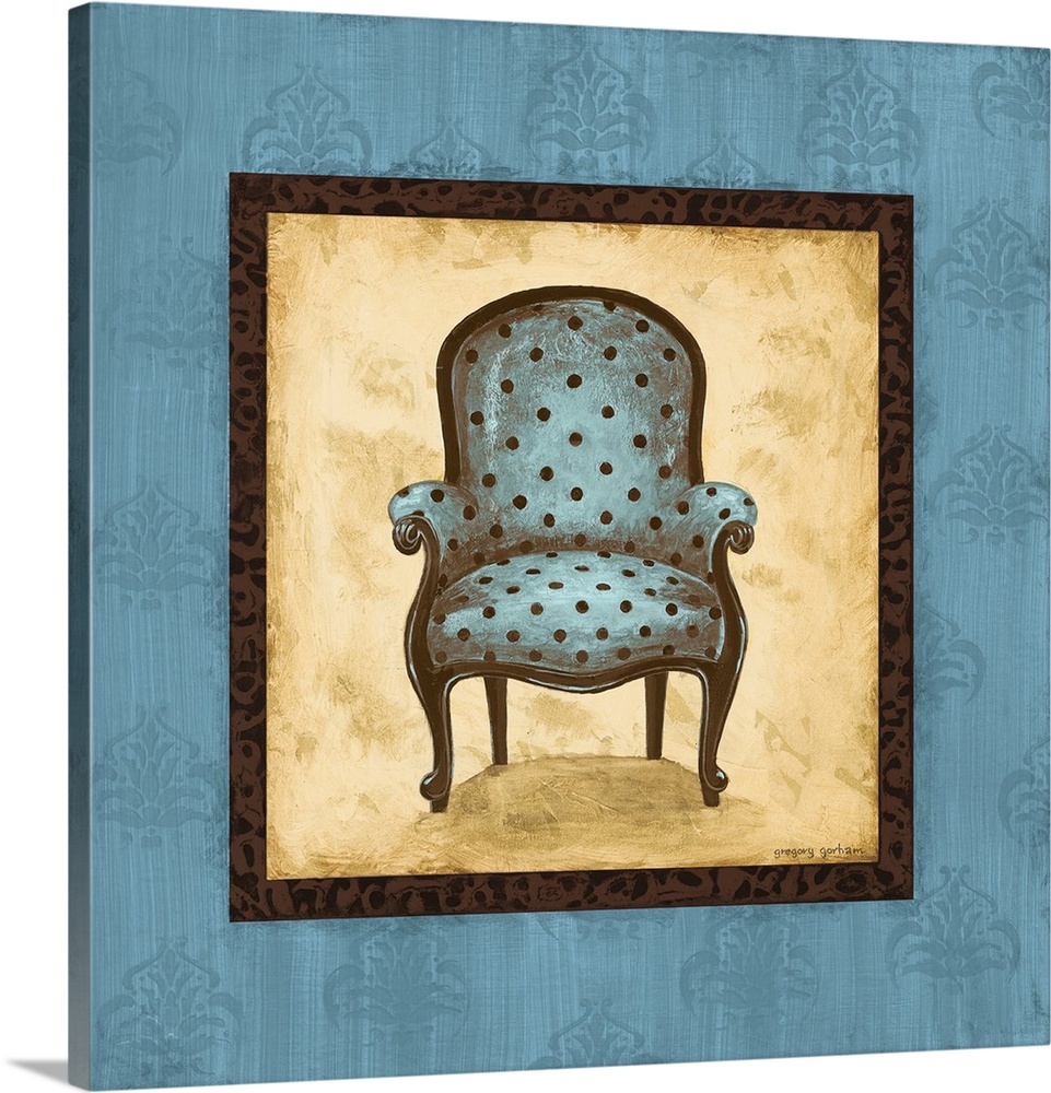 Square painting with a blue and brown polka dotted chair in the center with a tan background and dark brown decorative boa...