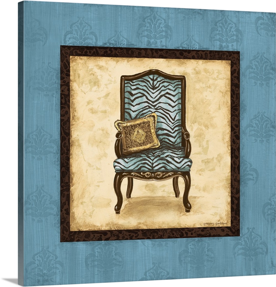 Square painting with a blue and brown zebra striped chair in the center with a tan background and dark brown decorative bo...