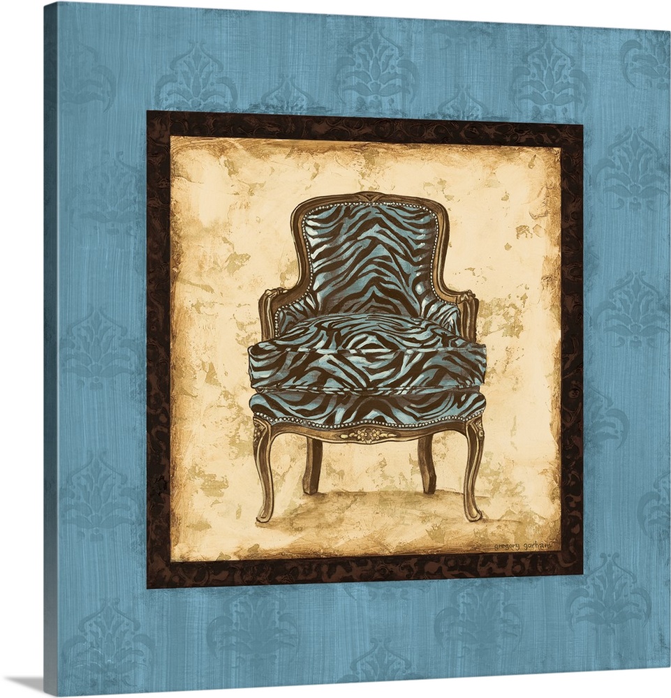 Square painting with a blue and brown zebra striped chair in the center with a tan background and dark brown decorative bo...