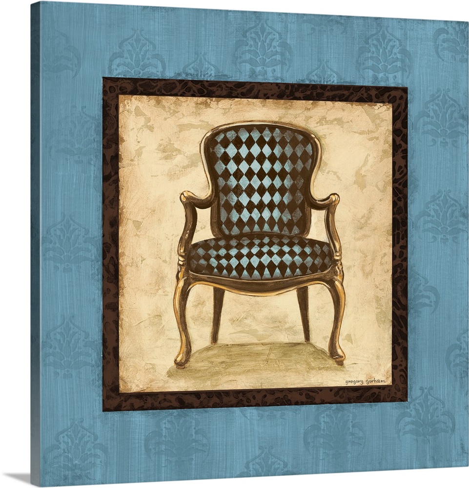 Square painting with a blue and brown checkerboard chair in the center with a tan background and dark brown decorative boa...