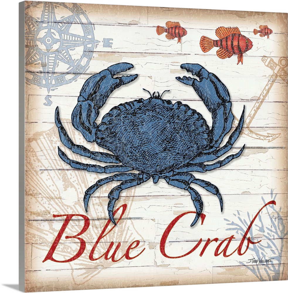 Blue, red, and brown square beach decor with an illustration of a blue crab.