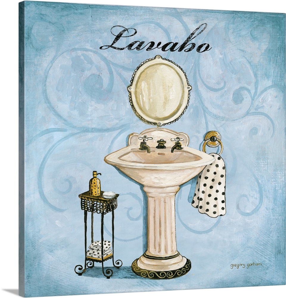 Square bathroom decor with a black, white, and gold illustrated sink on  a light blue designed background with the word "L...