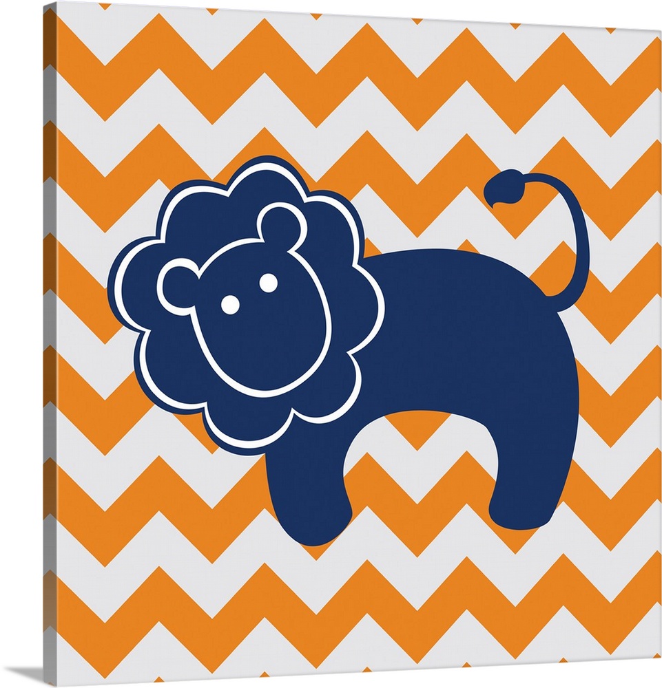 Whimsical square art with an illustration of a blue lion on an orange and gray zig-zag background.