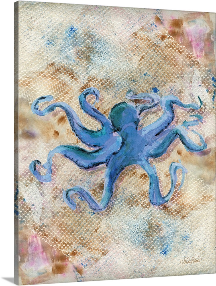 Watercolor painting of an octopus made in shades of blue with a textured white, brown, blue, and pink background.