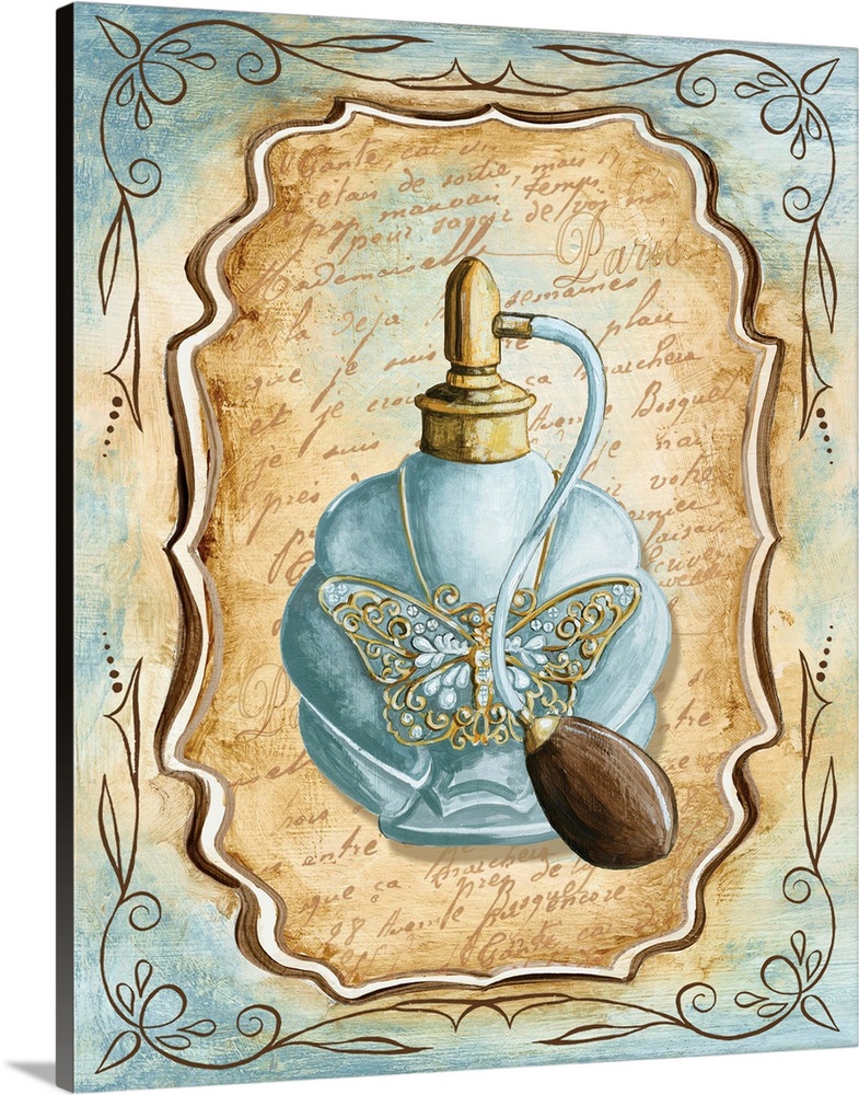 Decorative painting of a perfume bottle with a butterfly pendant in light blue and brown tones.