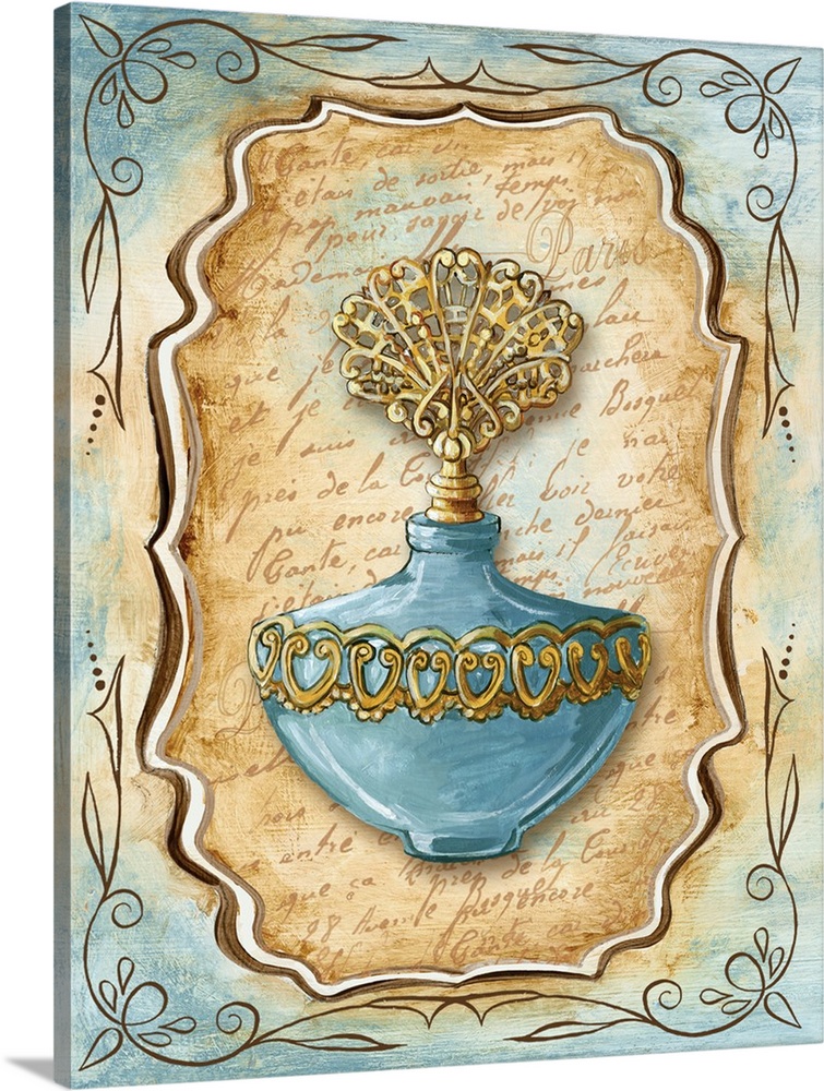 Decorative painting of a vintage perfume bottle in light blue and brown tones.