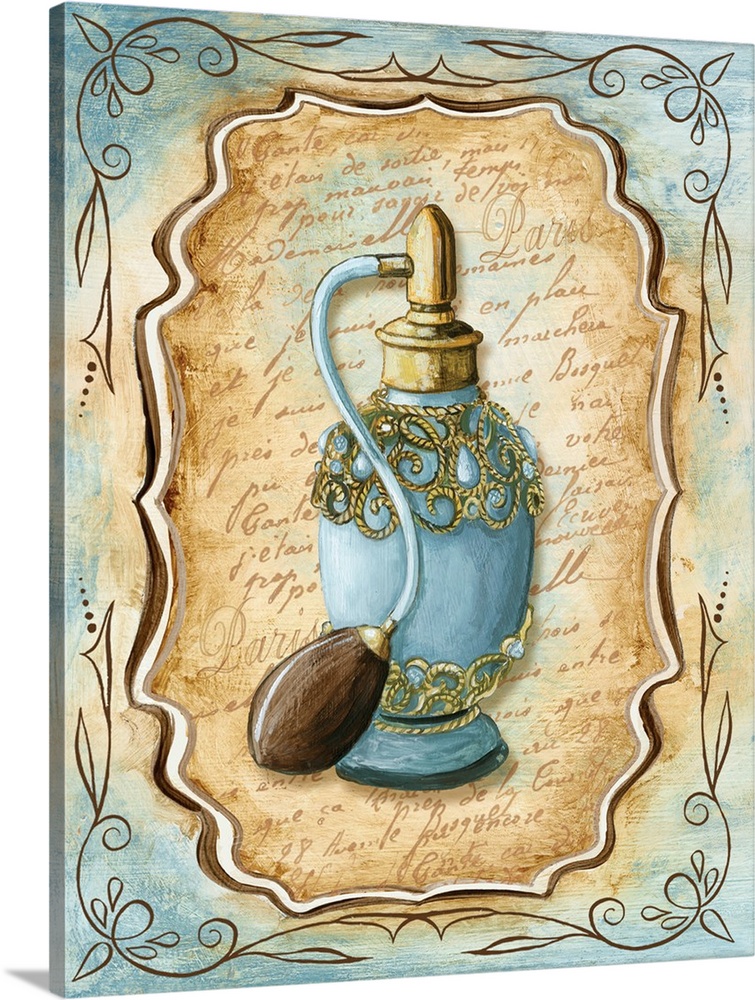 Decorative painting of a vintage perfume bottle in light blue and brown tones.