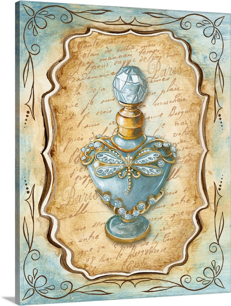 Decorative painting of a perfume bottle with a dragonfly pendant in light blue and brown tones.