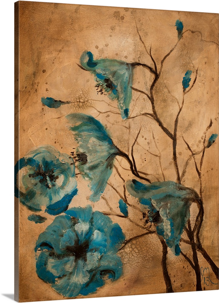 Contemporary painting of blue poppy flowers blowing in the wind on a warm brown background.
