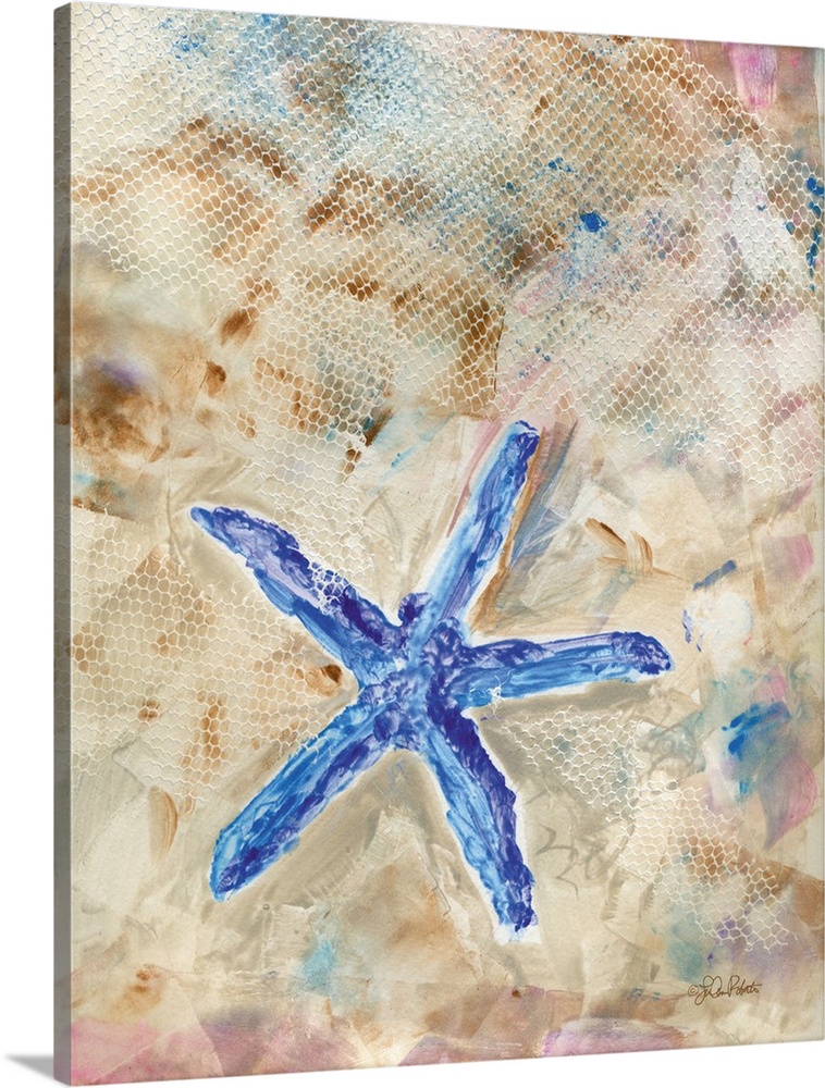 Watercolor painting of a starfish made in shades of blue with a textured white, brown, blue, and pink background.