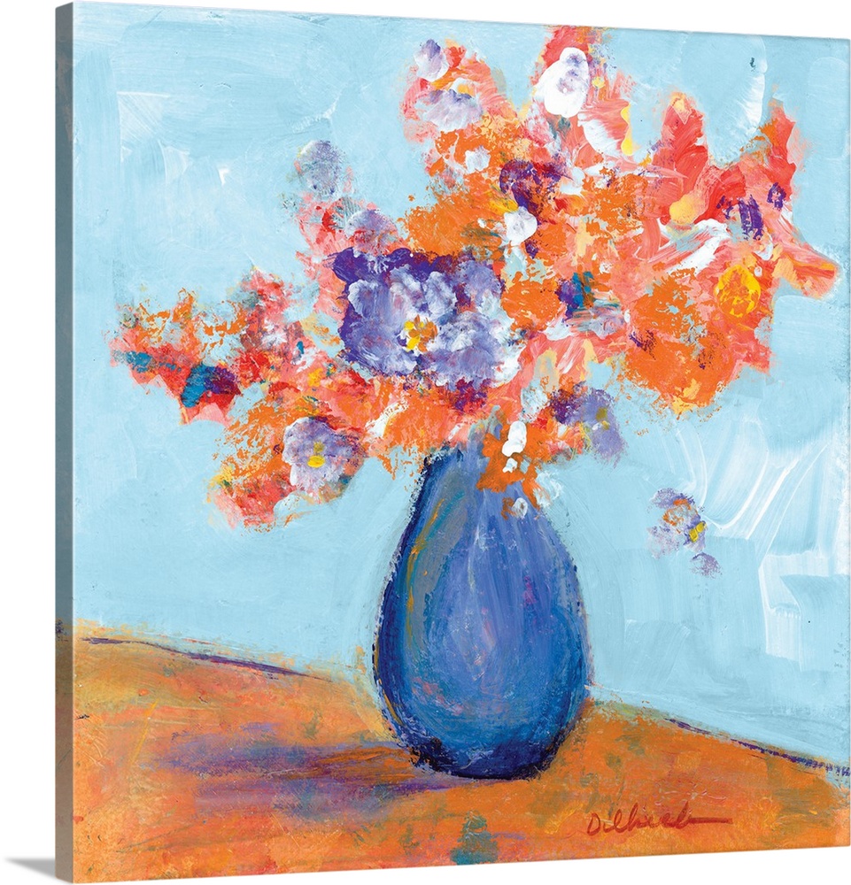 Square painting of a bouquet of flowers in a blue vase.