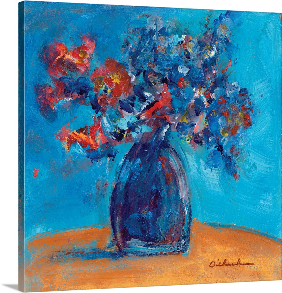 Square abstract painting of a bouquet of flowers in a blue vase.