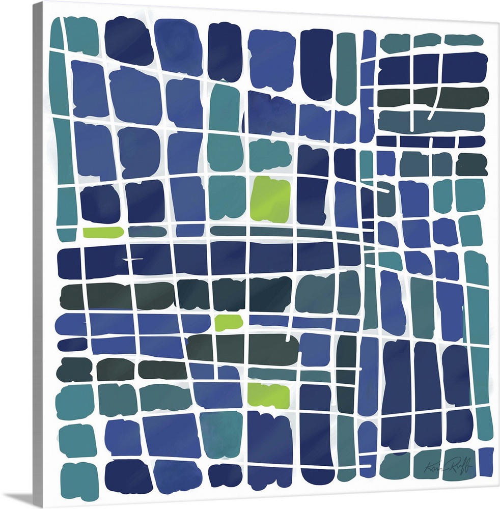 Abstract watercolor art made of several blue and green squares.