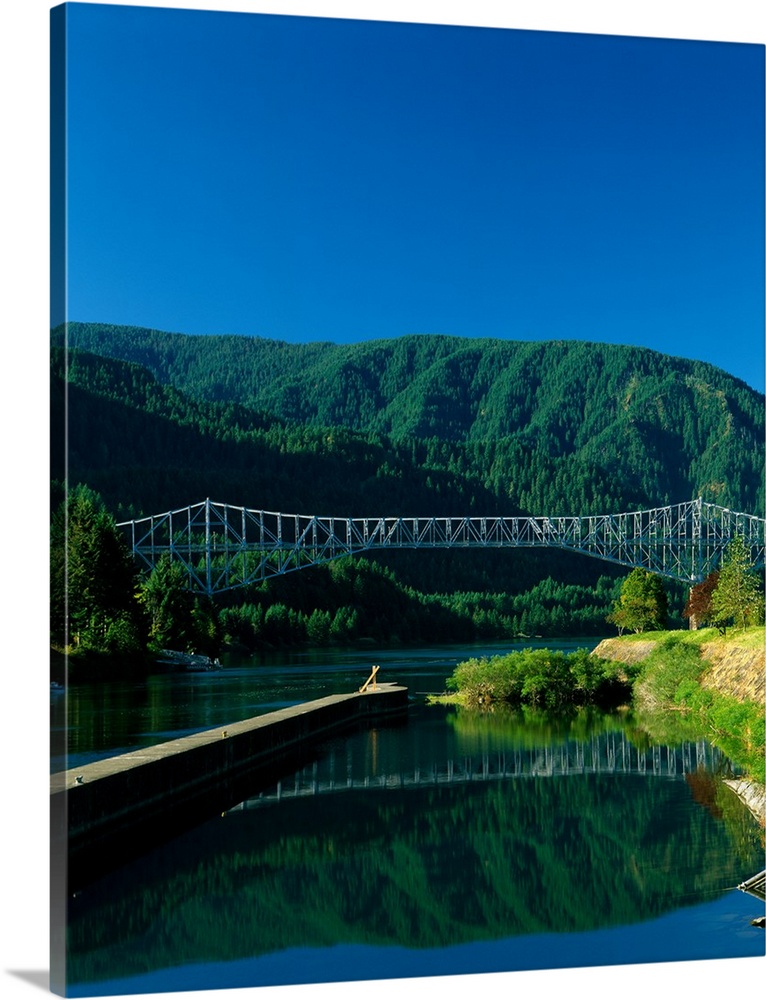 Photograph of the Columbia river with the Bridge of the Gods going over it and lush mountains in the background.