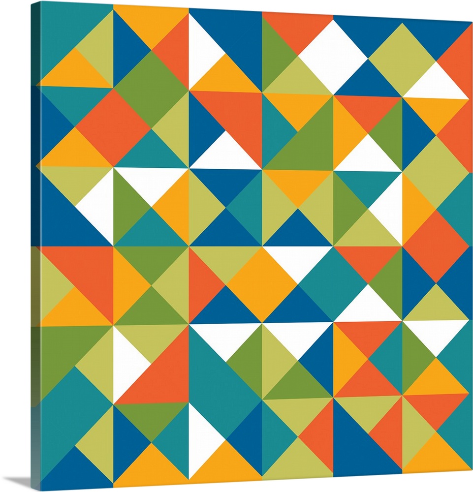 Square geometric art with a triangular pattern in shades of blue, green, orange, yellow, and white.