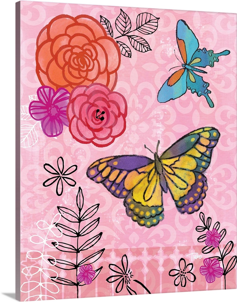 Whimsy illustration of butterflies and flowers on a light pink patterned background.
