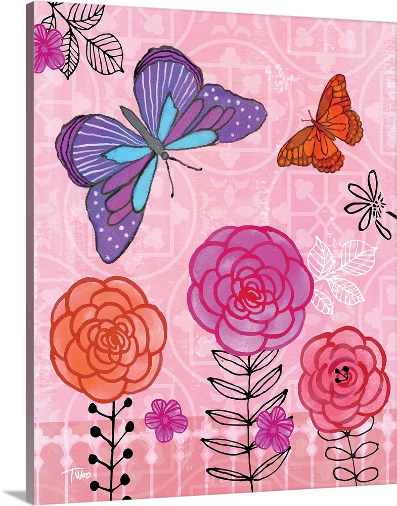 Whimsy illustration of butterflies and flowers on a light pink patterned background.