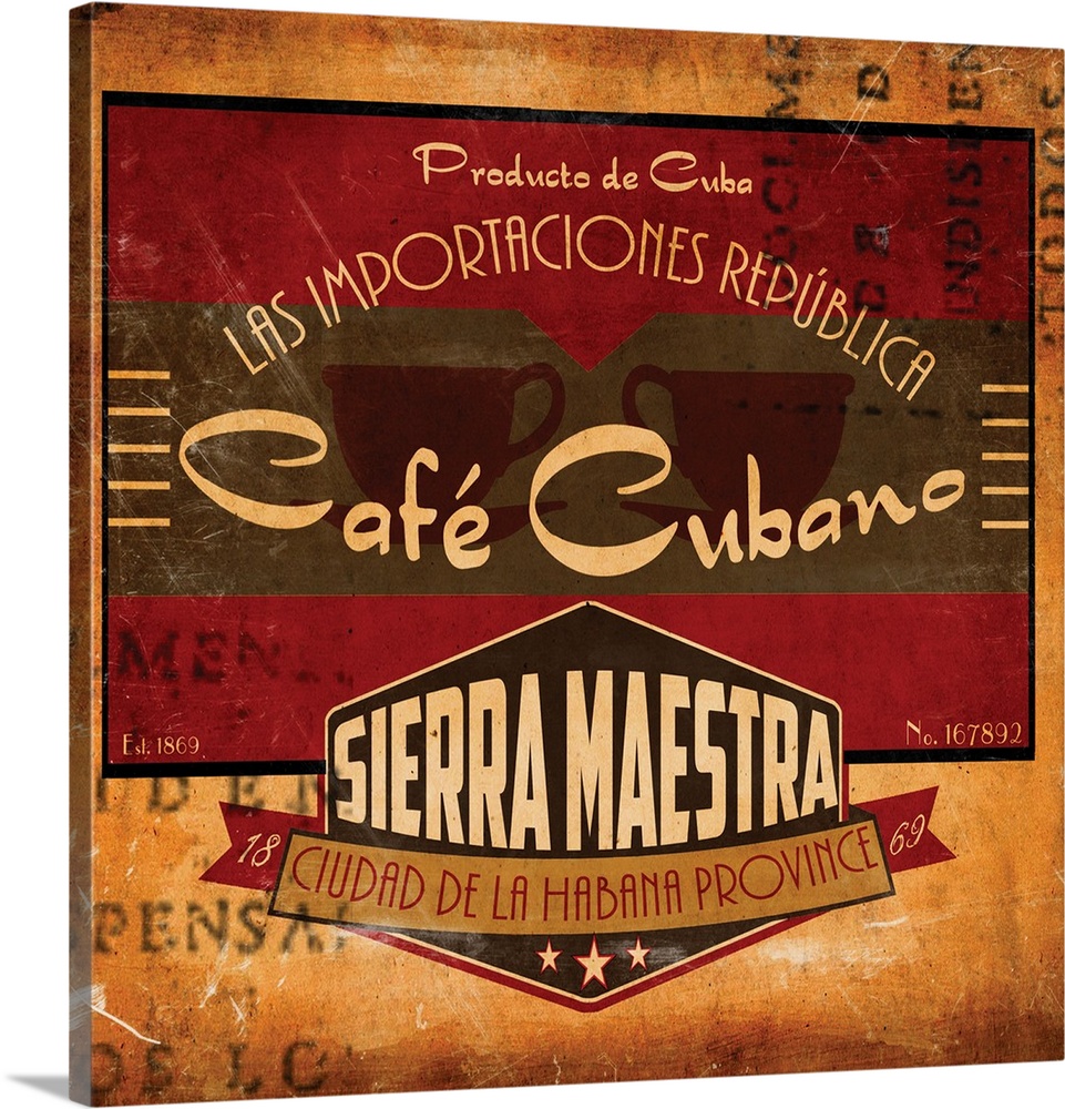 Square kitchen decor of a vintage Cafe Cubano coffee advertisement.