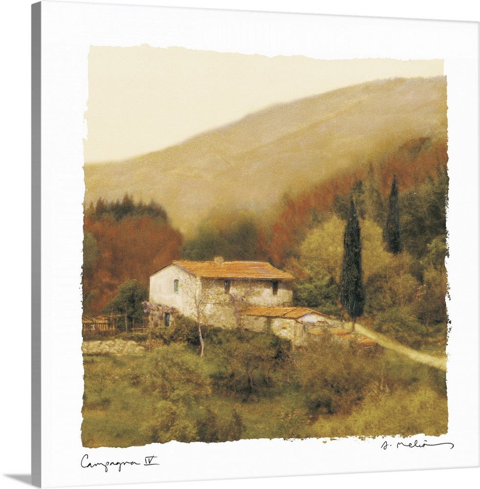 A large painting of a white cottage home sitting in the countryside surrounded by trees with big hills in the background.
