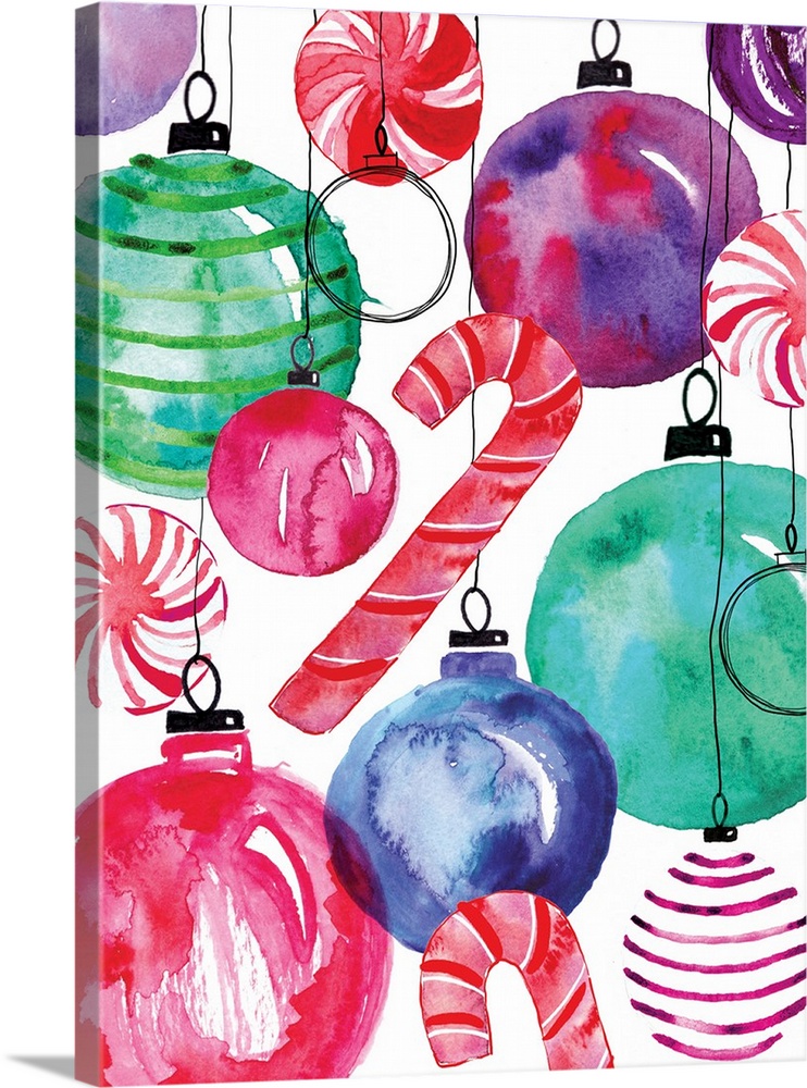 Festive watercolor painting of Christmas ornaments and candy canes on a white background.