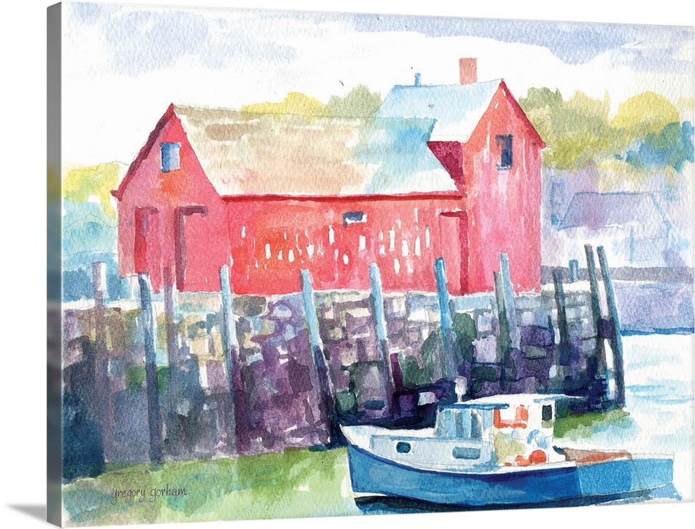 Contemporary watercolor painting of a boat in a marina at Cape Ann.