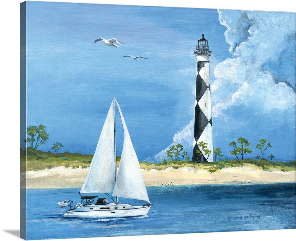 Contemporary painting of a sailboat in front of Cape Lookout with two seagulls flying overhead.