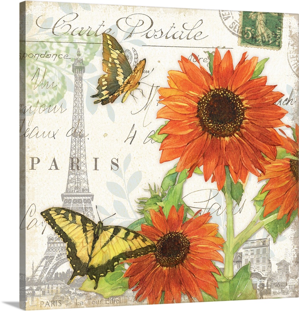 Square decor with watercolor painted orange sunflowers and yellow butterflies on a white background with an illustration o...