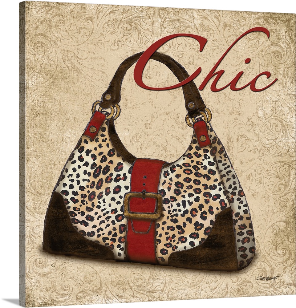 Square decor with an illustration of a cheetah print purse and "Chic" written on top in red.