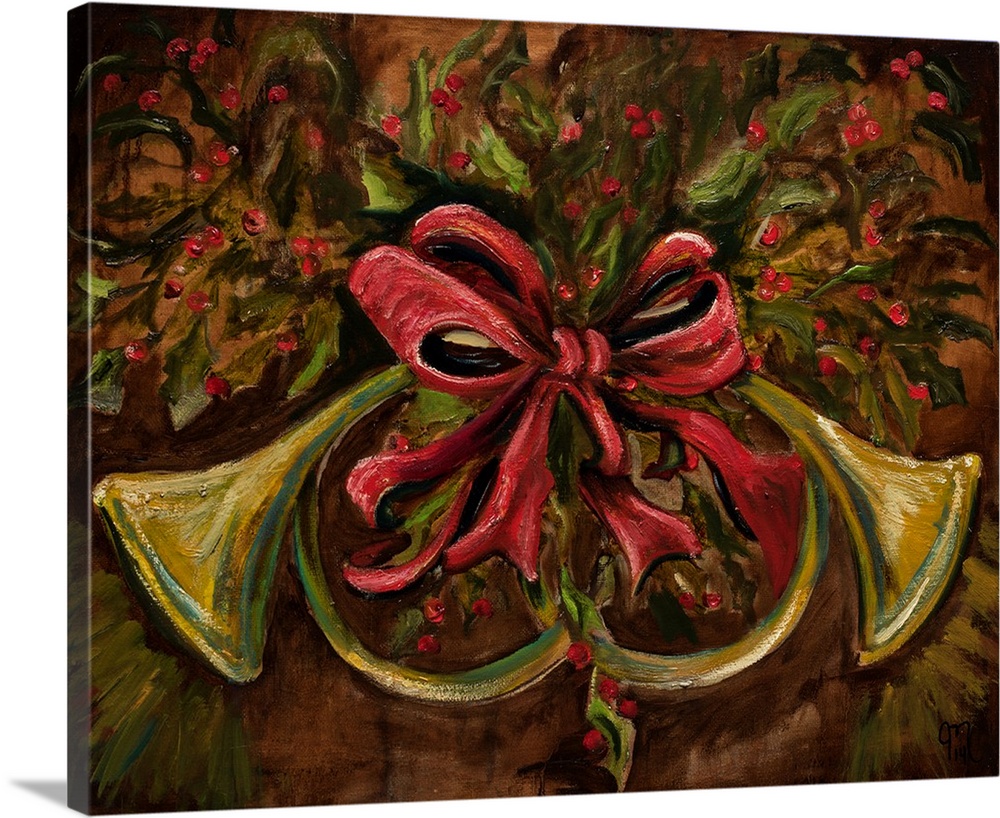 Holiday painting of two horns hanging on the wall with a red ribbon tied in a bow in the middle and holly surrounding them.