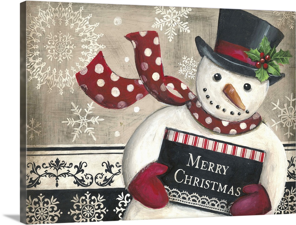 Christmas decor with an illustration of a snowman holding a sign that says "Merry Christmas"