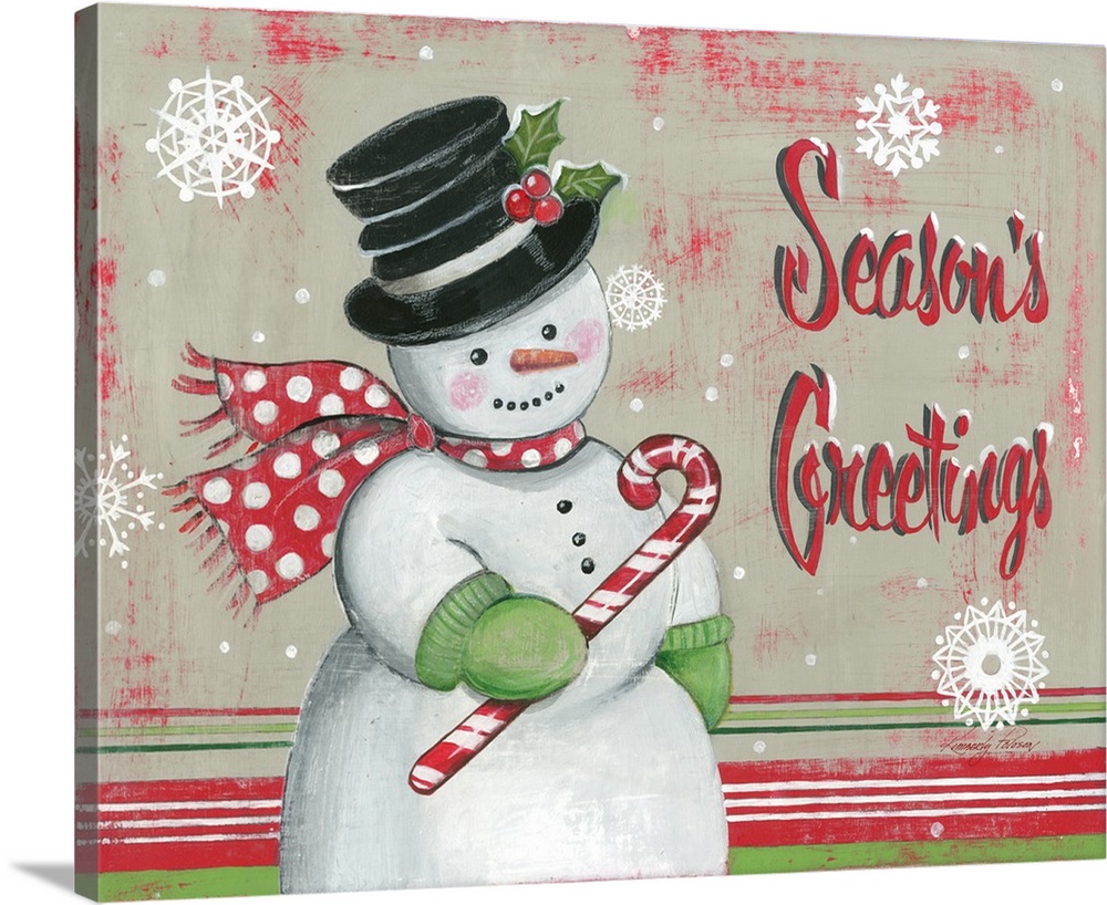 Snowman holiday decor that reads "Season's Greetings" on the side.