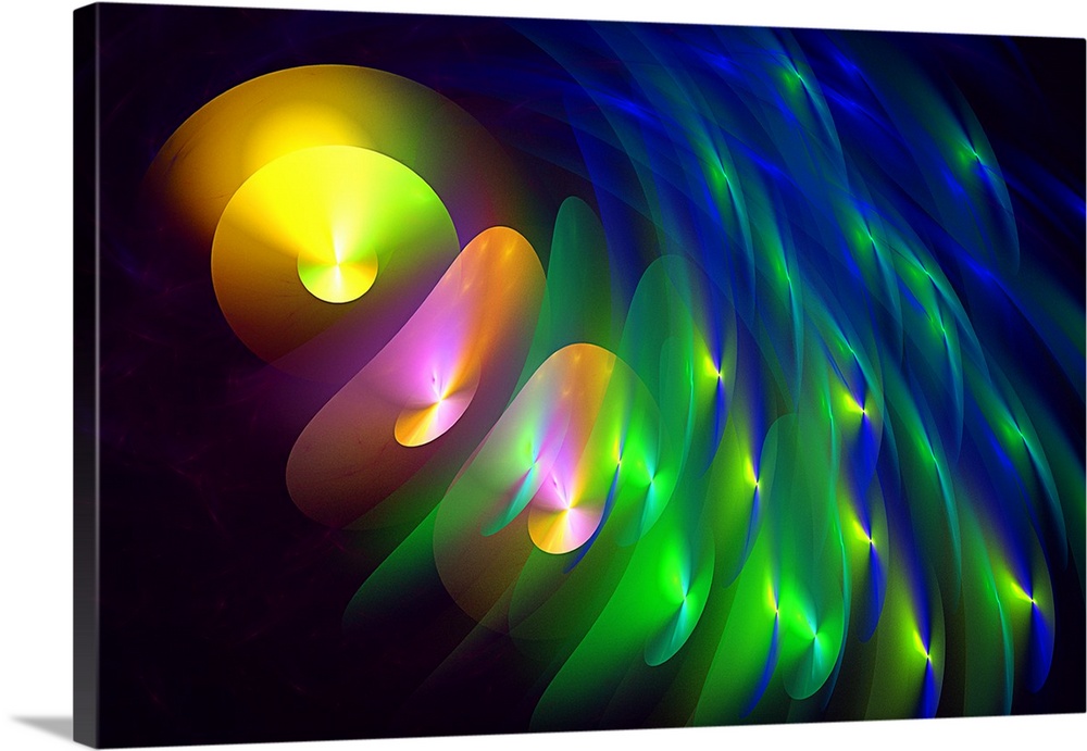 Digital abstract of round waves in rainbow colors on a dark background.