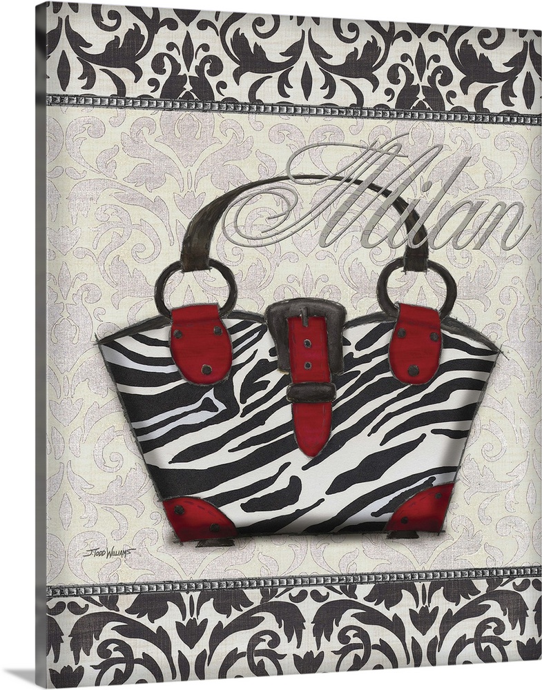 Black, white, and red decor with an illustration of a zebra print purse and "Milan" written on top in silver.