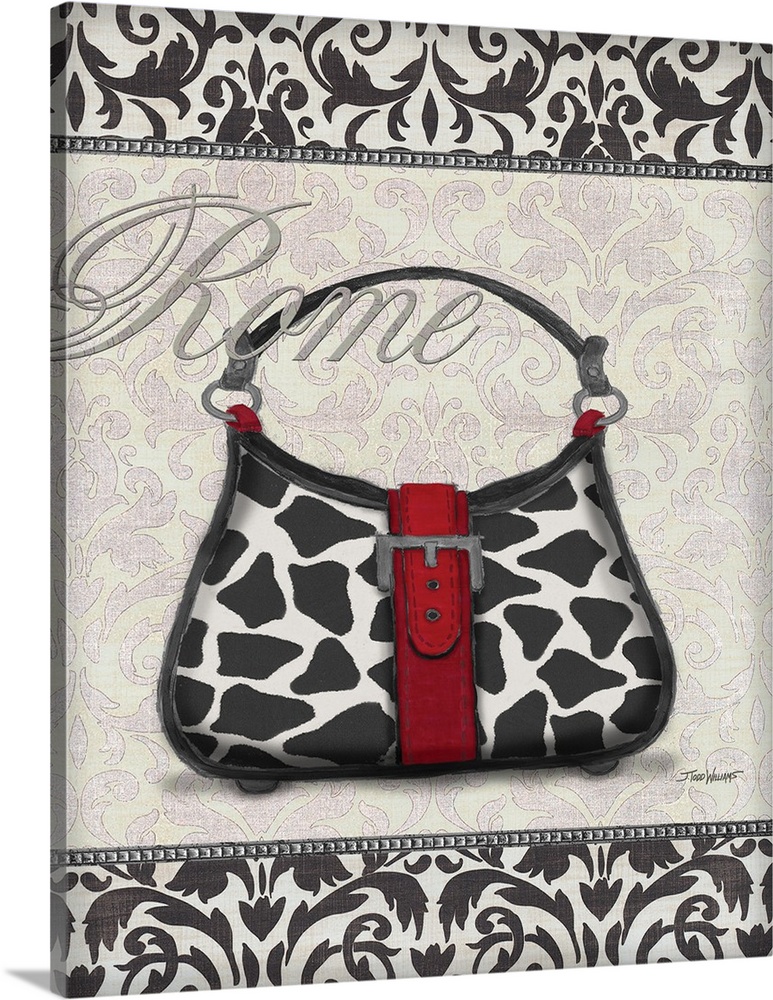 Black, white, and red decor with an illustration of a giraffe print purse and "Rome" written on top in silver.