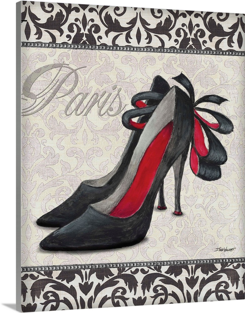 Black, white, and red decor with an illustration of  a pair of high heel shoes with "Paris" written on top in silver.
