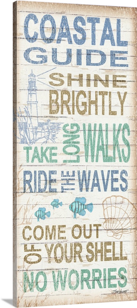 Beach themed decor with related text written on a white wooden background with various under the sea illustrations.