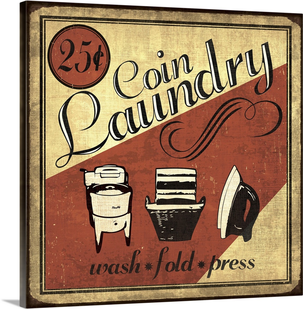 Vintage coin laundry sign in red, black, and cream.