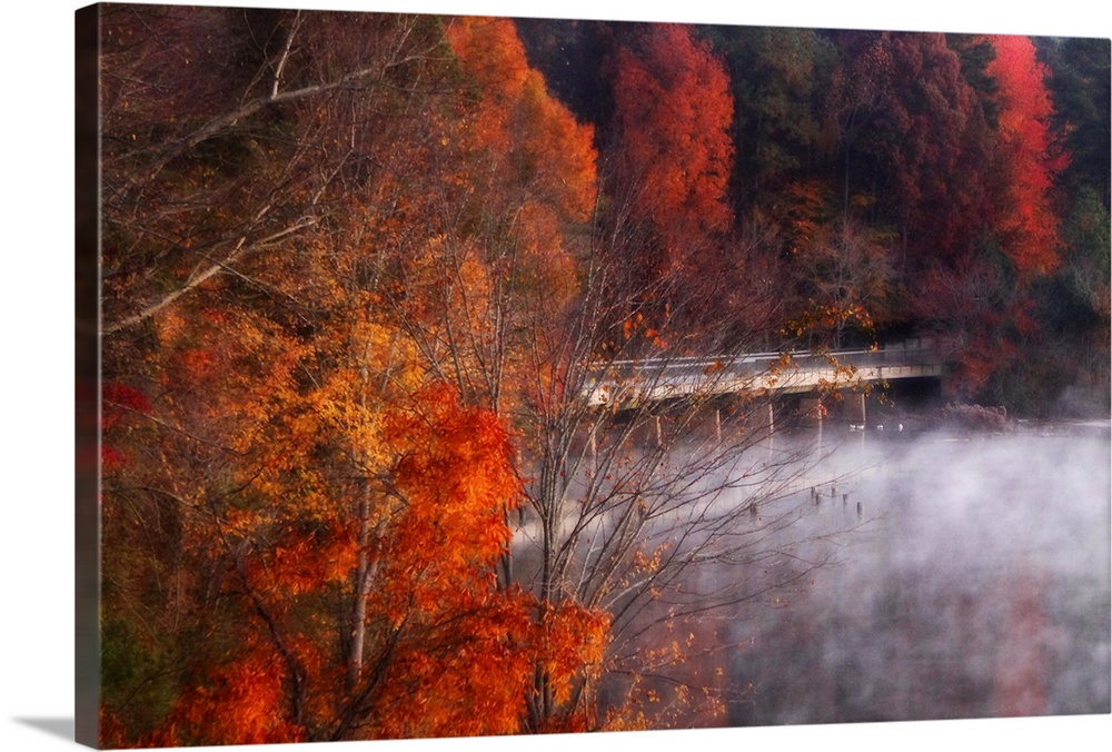 Landscape photograph on a big canvas of a low mist hanging over the water, beneath a bridge surrounded by large, fall colo...