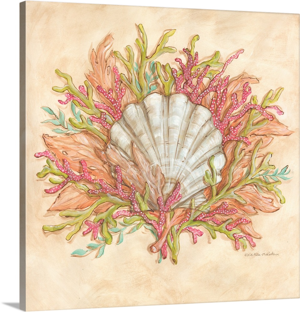 Square painting of a seashell surrounded by coral with orange, green, blue, cream, and coral pink hues.
