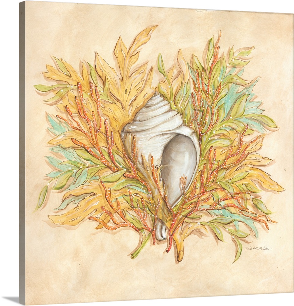 Square painting of a conch shell surrounded by coral with yellow, blue, green, cream, and coral pink hues.