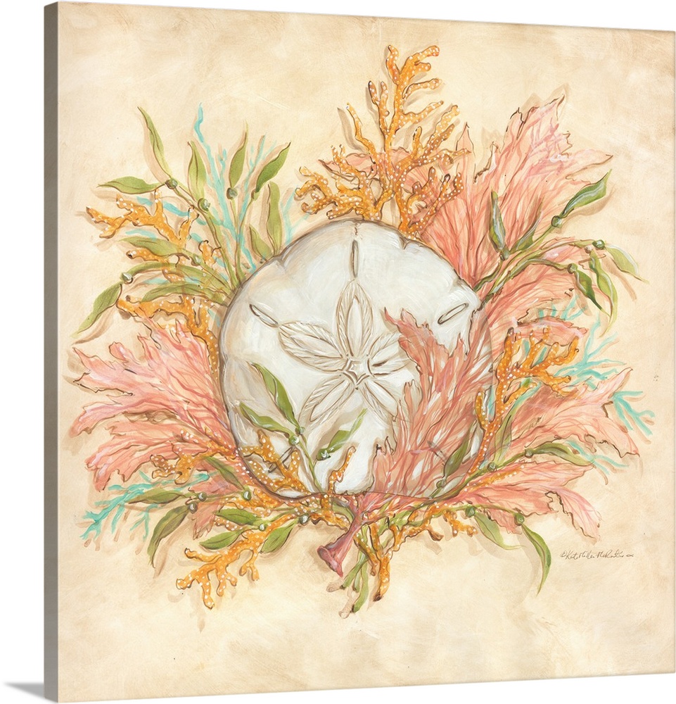 Square painting of a sand dollar surrounded by coral with green, blue, orange, cream, and coral pink hues.