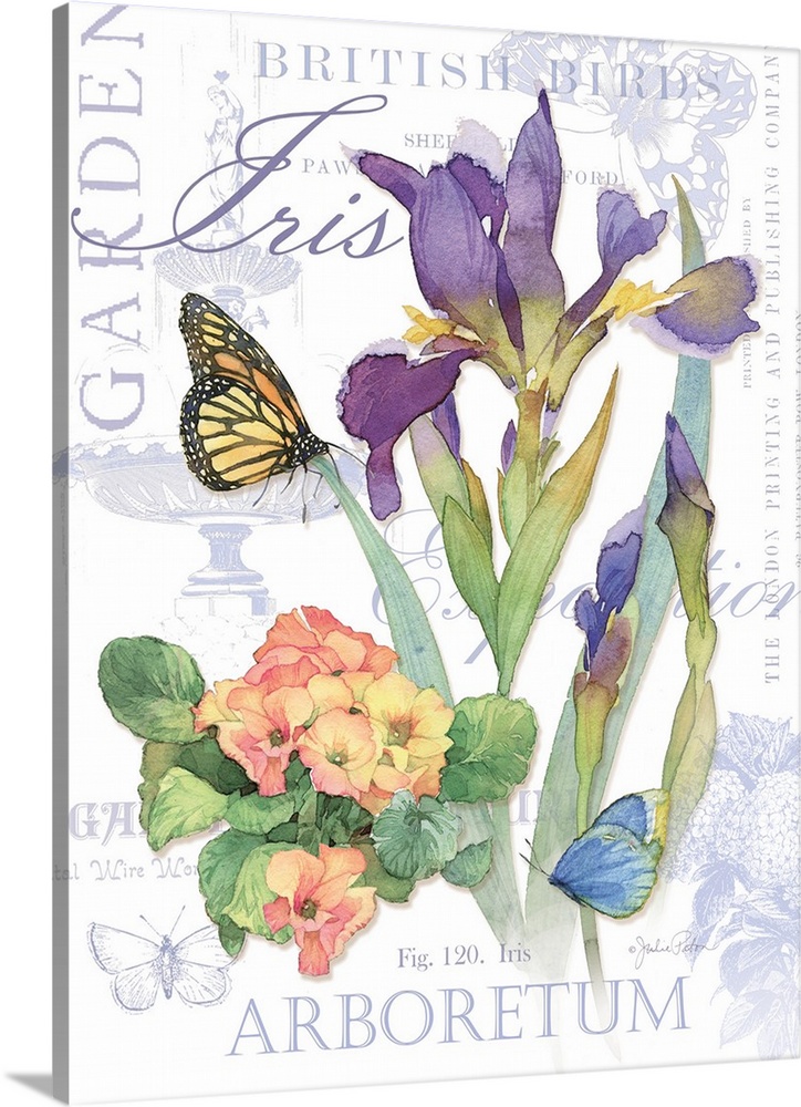 Watercolor painted purple irises and pink hydrangeas with two butterflies on top of a white background with light purple i...