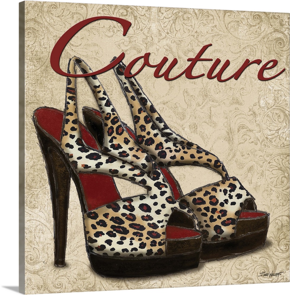 Square decor with an illustration of cheetah print heels and "Couture" written on top in red.