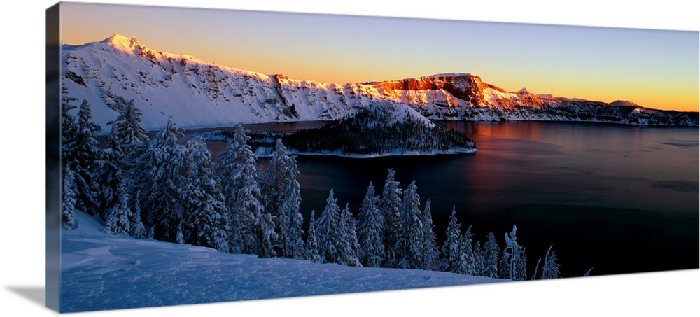 Sunset over Crater Lake in Oregon in the winter.