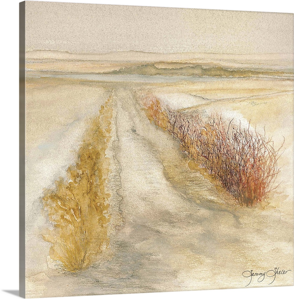 Contemporary watercolor painting of two rows of dune grass in the sand.