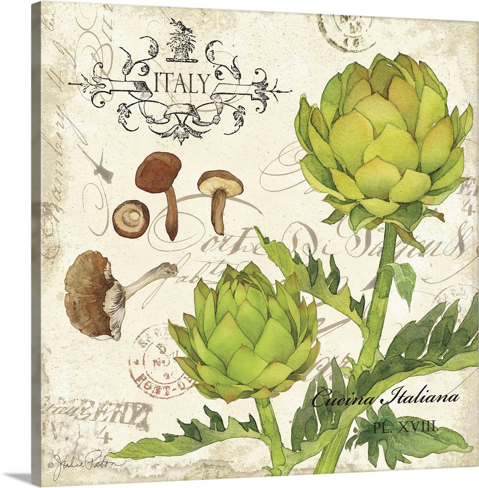 Italian kitchen decor with illustrations of artichokes and mushrooms on a vintage background with black writing and stamps.