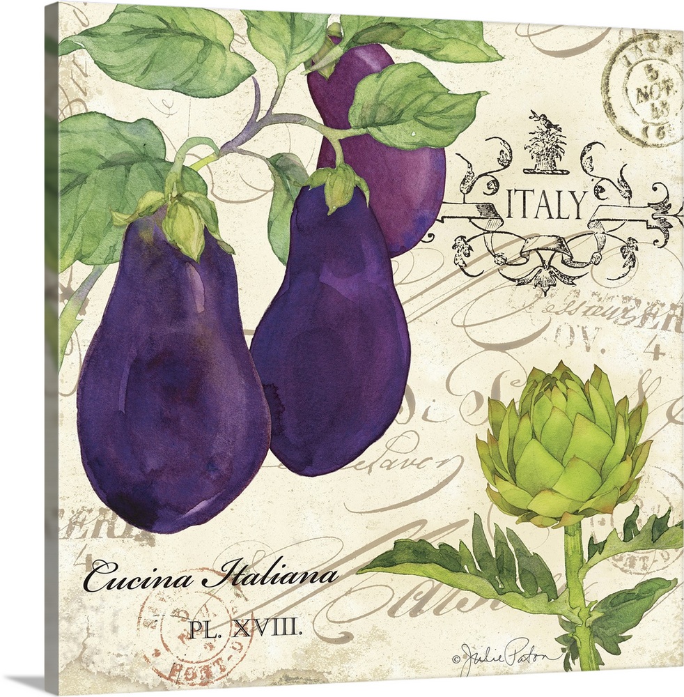 Italian kitchen decor with illustrations of eggplants and artichokes on a vintage background with black writing and stamps.