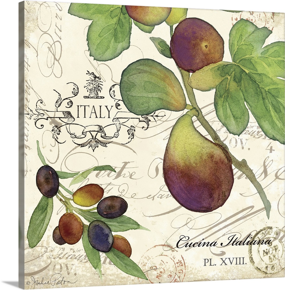 Italian kitchen decor with illustrations of figs and olives on a vintage background with black writing and stamps.