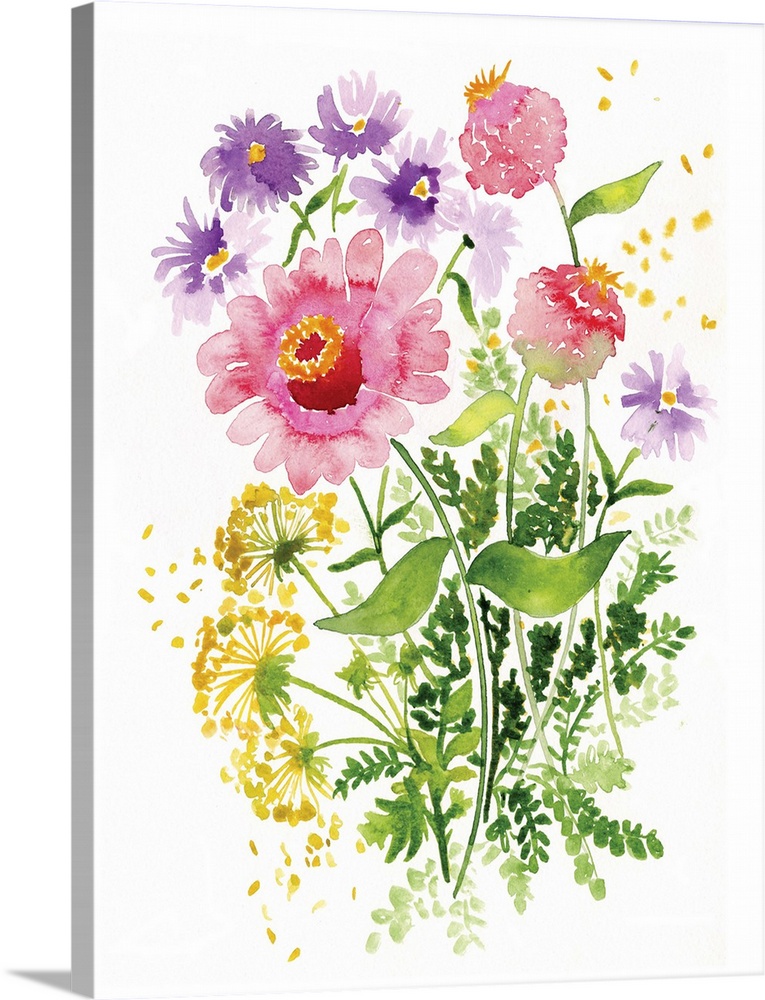 Watercolor painting of pink and purple flowers with green leaves.